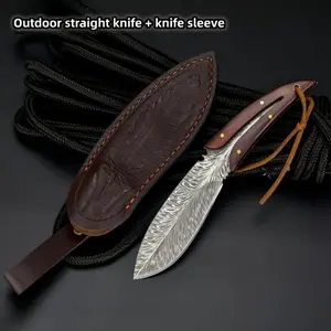 Feather-pattern outdoor multi-purpose knife with leather sheath, camping fruit knife, wooden straight handle, great for gifting—Christmas gift!