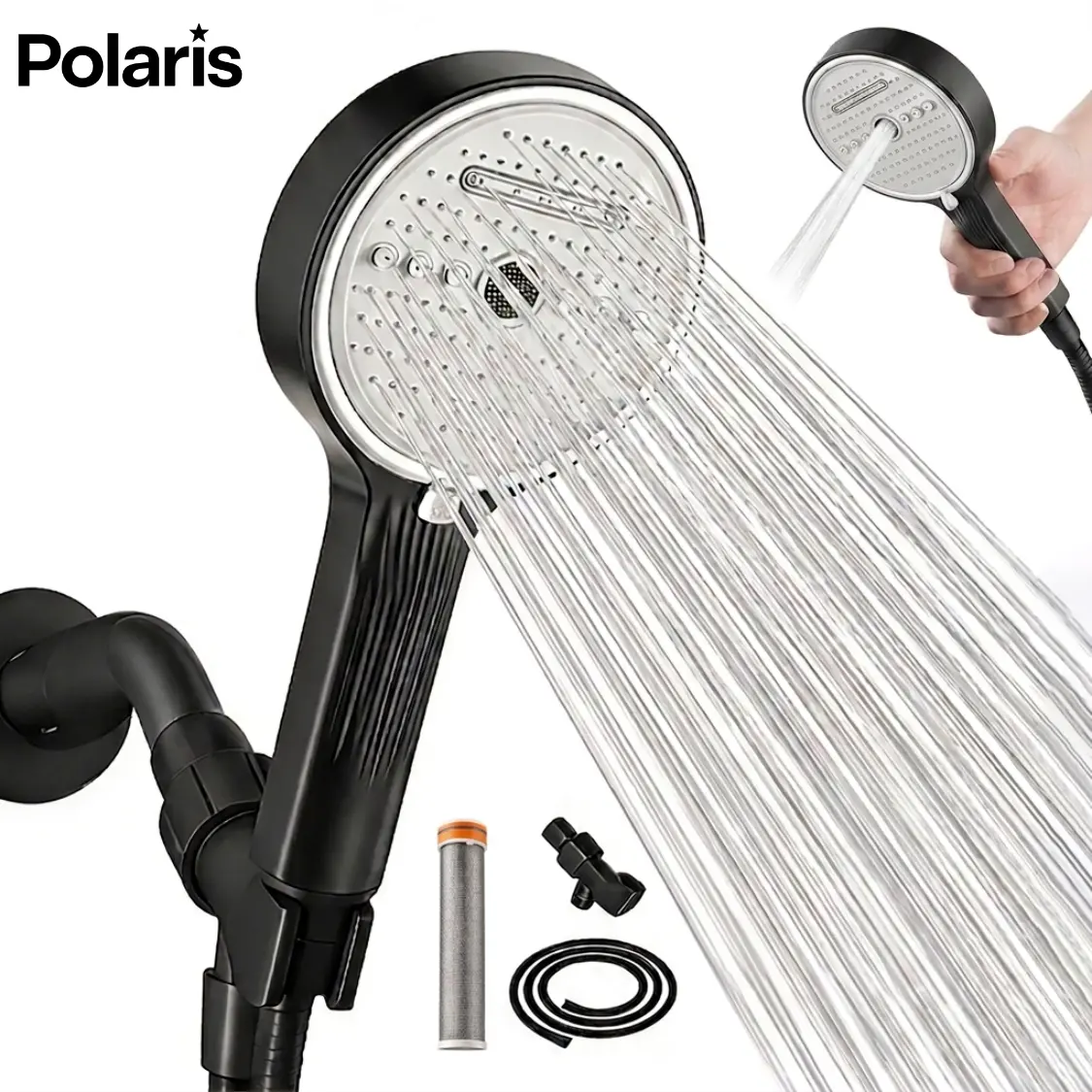 POLARIS Filtered Shower Head with Handheld, High Pressure 6 Multiple Spray Modes Shower Head with Stainless Steel Filter, Massage Pulse Spray Hybrid Bubble Patterns Wall Mount Showerhead Modern Bathroom Upgrade Ideal Summer Shower Accessory