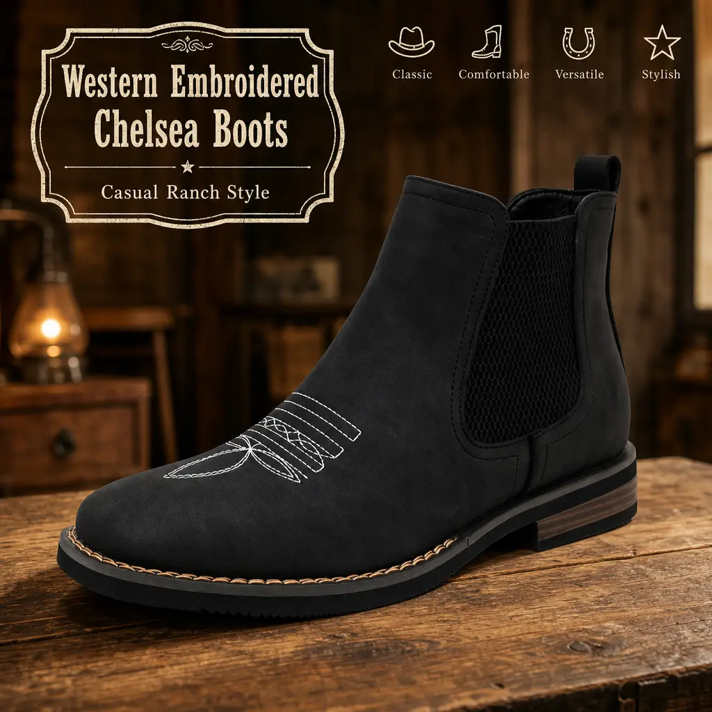 CYUW Men’s Western Cowboy Boots – Square Toe Chelsea Boots, Ankle Boots, Work Boots; Casual Retro Style, Classic, Comfortable, Versatile; Khaki and Black Options; Outdoor Casual Closed-Toe Thick-Sole Men’s Boots