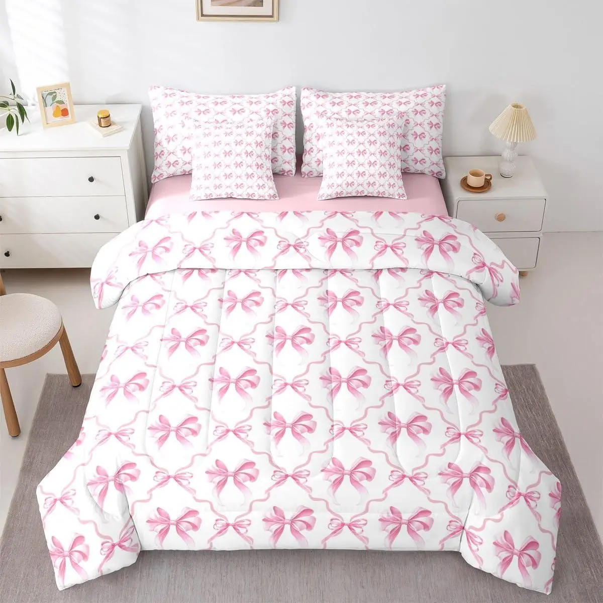 Feelyou 7-Pcs Pink Bow Bed-in-a-Bag Bedding Set - Includes Flat Sheet, Fitted Sheet, Cute Coquette Unique Bedding for Teen Girls, Modern Aesthetic Girl Room Decor, Bedding Sets