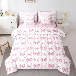 Feelyou 7-Pcs Pink Bow Bed-in-a-Bag Comforter Set - Includes Flat Sheet, Fitted Sheet, Cute Coquette Bedding for Teen Girls, Modern Aesthetic Girls Bedroom Decor