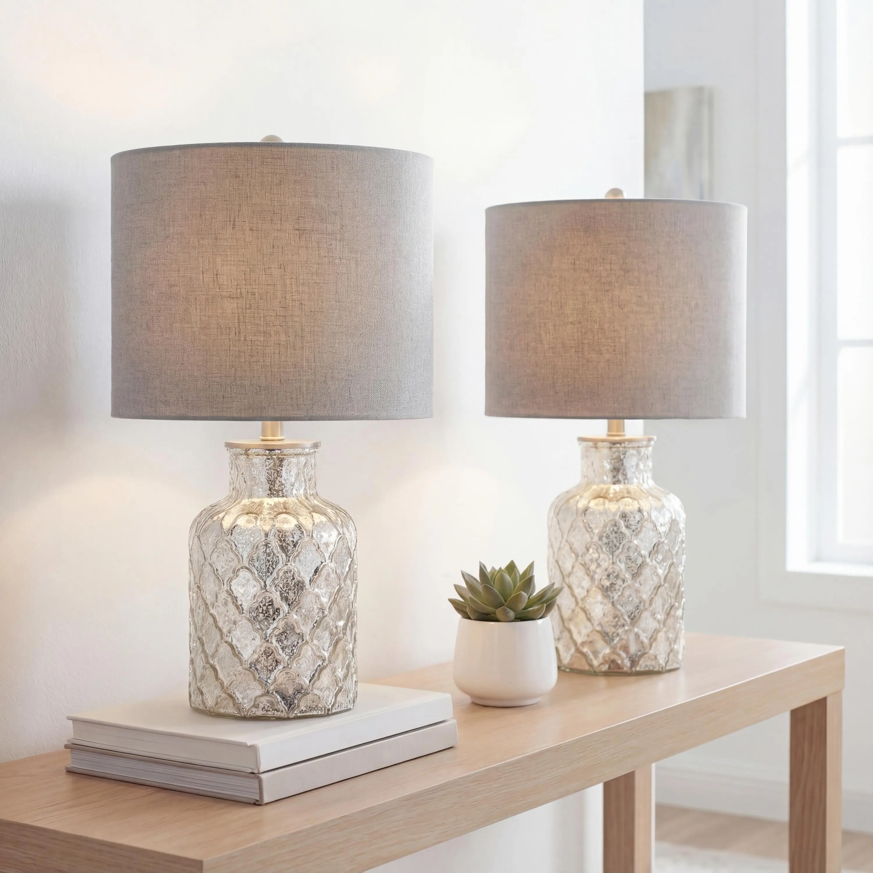 JONATHAN Y Alvord 24.5" Glass Table Lamp, Mercury Silver, Set of 2 | UL Listed, LED Bulbs Included, Metal Finial, Grey Linen Drum Shade, Quatrefoil Trellis Pattern, Silk Cord, Rotary Switch