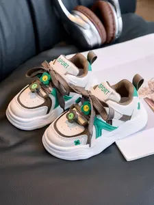 Girls' Floral Decor Sneakers Blue Colorblock Bow Athletic Shoes, Breathable Soft Sole Casual Footwear