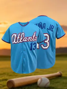 Men's Atlanta 13 Embroidered Baseball Jersey, Light Blue with Red Trim Stitched Uniform, Unisex Button-Down Sports Shirt