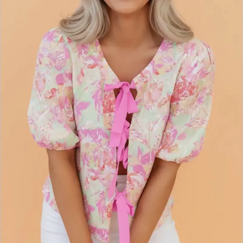Blush Bloom Tie-Front Blouse
