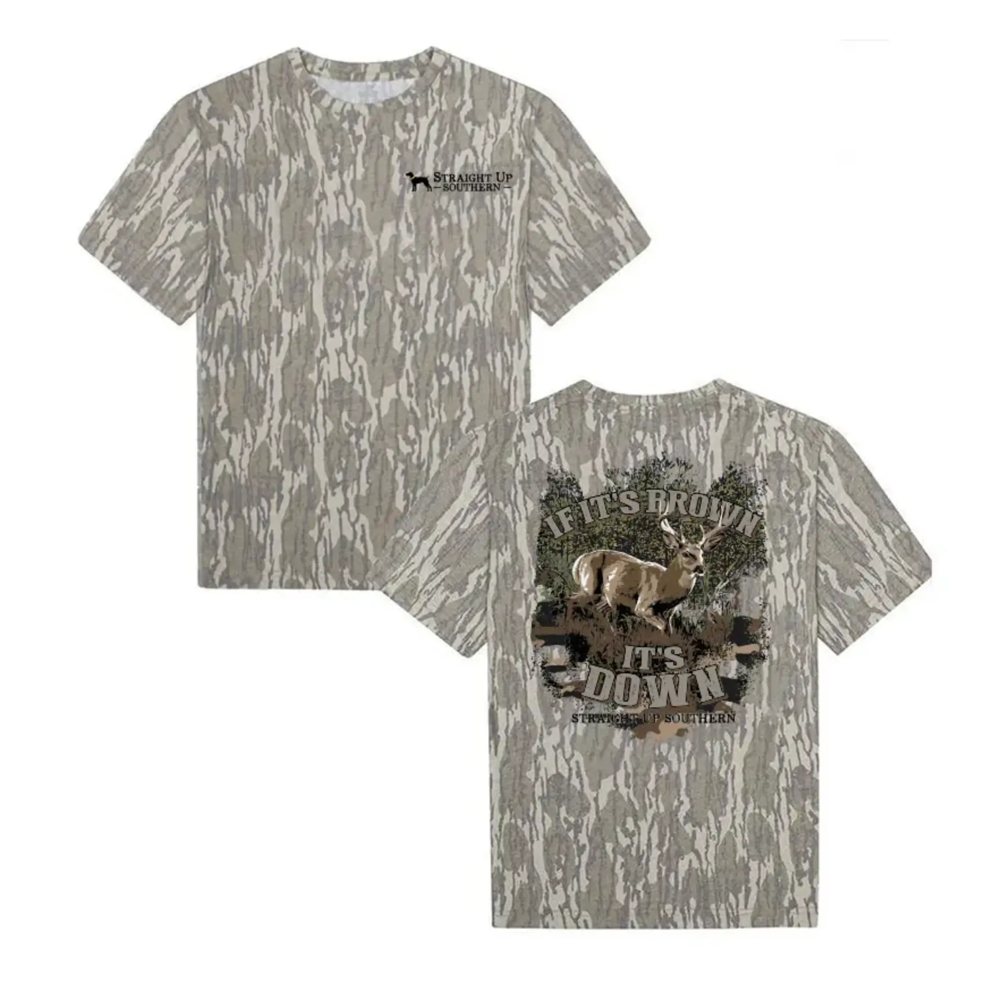 The Straight Up Southern "If It's Brown It's Down" Camo T-Shirt, Hunting Season Graphic Tee, Mallard Shirt, Oversized T-Shirt for Men & Women, Gift for Dad, Gift for Him