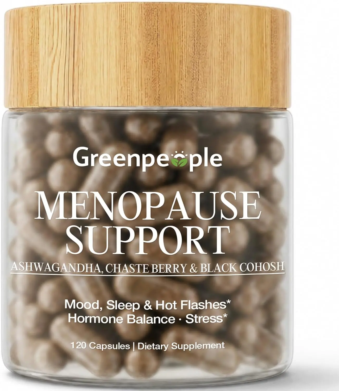 GREENPEOPLE Menopause Supplements for Women, 120 Vegan Capsules Gluten-Free | Menopause Support with Ashwagandha, Chatsberry, Black Cohosh & Red Clover for Hot Flashes, Mood, Sleep & Hormonal Balance