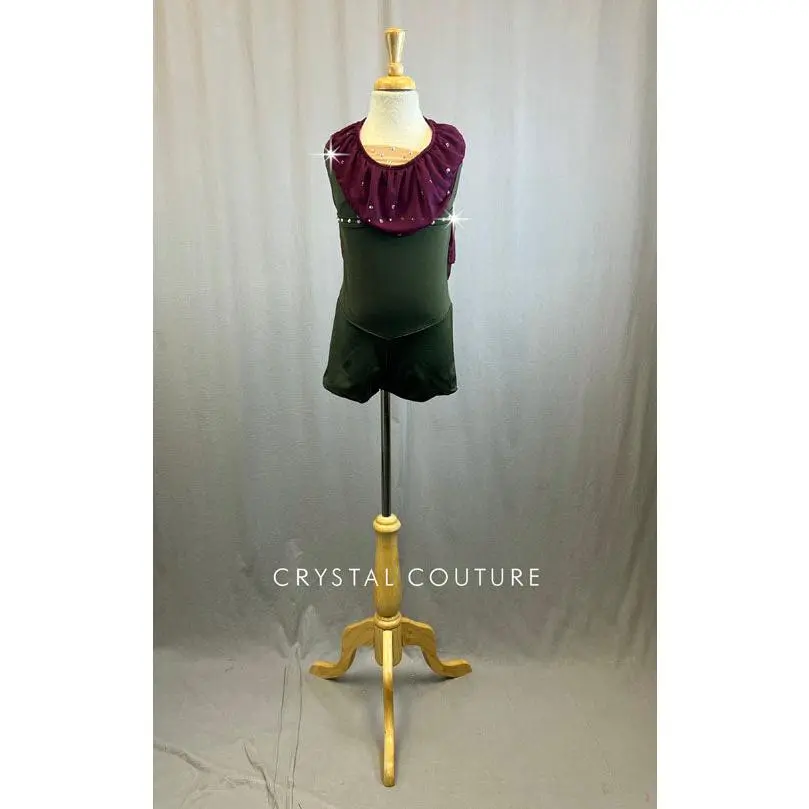 Army Green Biketard with Plum Ruffle