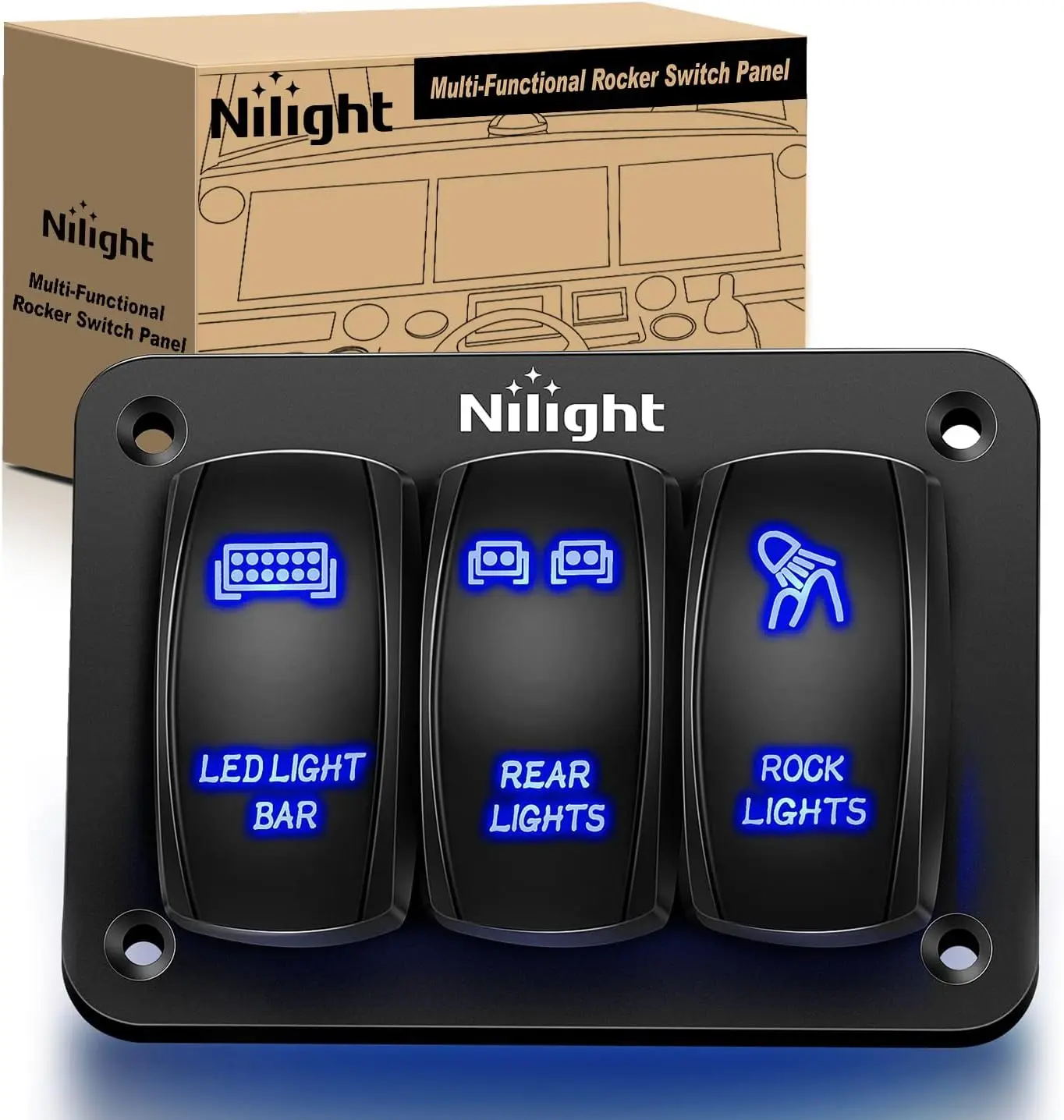 Nilight 3-Gang 5-Pin SPST ON/OFF Rocker Switch Panel - 5-Position Push Button Switches, Blue LED Illuminated, Aluminum+ABS Build, Laser Etched, Easy Installation, Ambient Lighting for ATV, Motorcycle, Five-Position Switch Push Button Switches