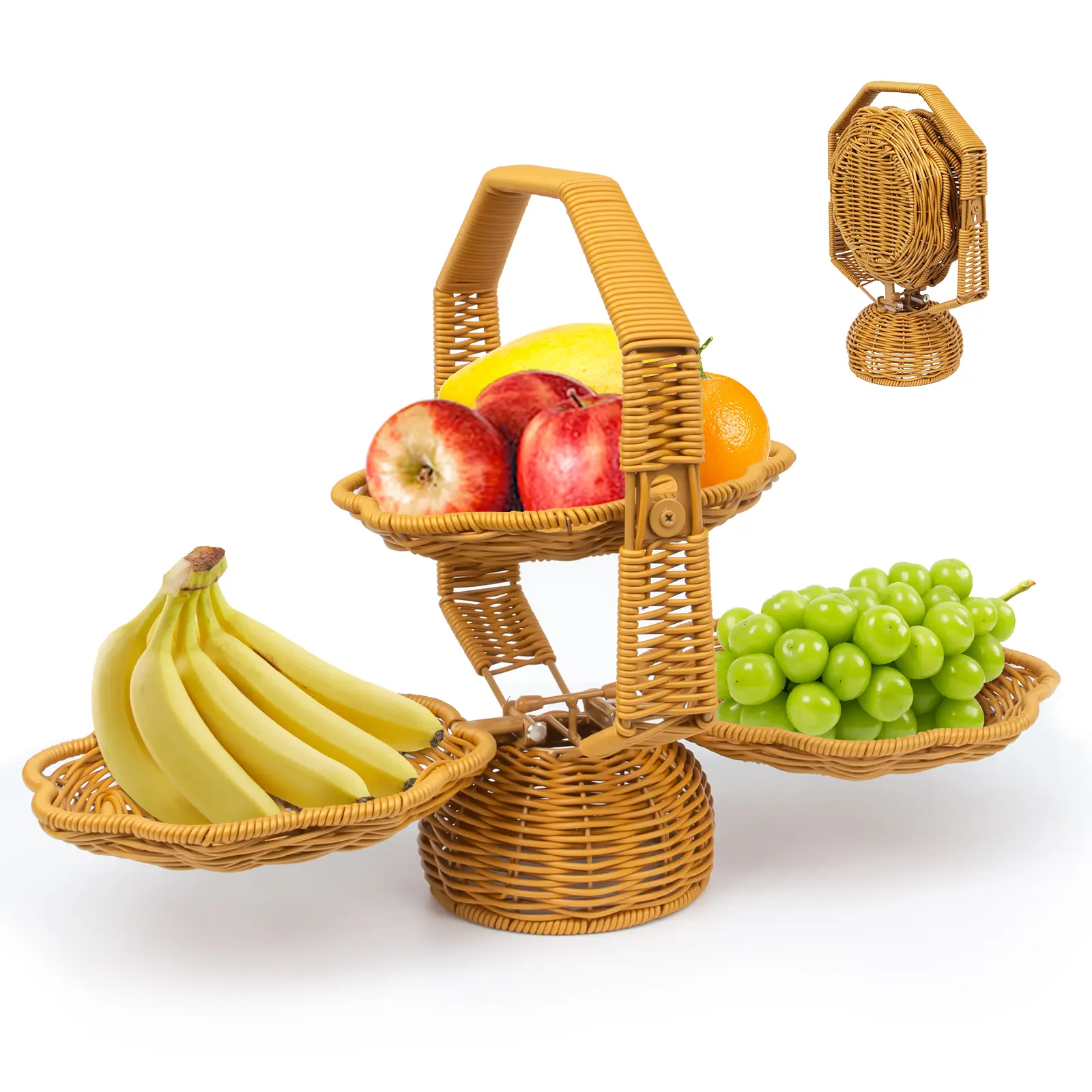 Folding Woven Fruit Basket: Space-Saving & Stylish 3-Tier Rattan Organizer for Kitchen & Home Decor