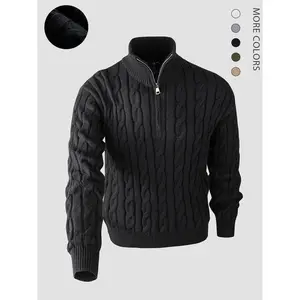 Men’s solid-color zip-up sweater, fashionable knitted long sleeves, quarter-zip knit stand-up collar, polo sweater, classic jacket, casual knitwear, casual elegant top fabric, college-style outdoor wear, half-open jacket