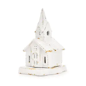 Sungmor Vintage Cast Iron Tealight Candle Holder - Rustic Rust Miniature Church Lantern, Heavy Metal Tealight Candle Stand for Home, Garden or Patio, Indoor & Outdoor Farmhouse Décor Accent