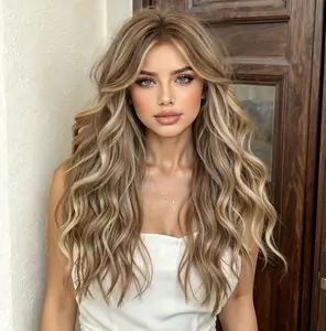 24inch New Wool Curly Hair Wig with S-shaped Fringe Long Wavy Bob Ombre Highlight Blonde Full Head Cover Natural Fashionable for Any Occasion Matte High-temperature Filament Gradient Gold Rose Net Hat