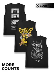 Men's Marble & Letter Print Tank Top, Regular Fit Casual Sleeveless Round Neck Top for Summer, Men's Sleepwear for Indoor Wear
