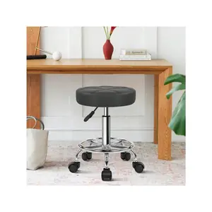 Round Rolling Stool With Footrest PU Leather Height Adjustable 360° Swivel Stool With Wheels Office Stool Chair Home Drafting Work Studio Shop SPA Salon Small (Grey