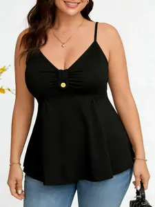 Plus Size Three-Color Button Pleated Ruched Detail Baggy Top, Loose V Neck Halter Vest, Casual Streetwear, Dating, Home Wear