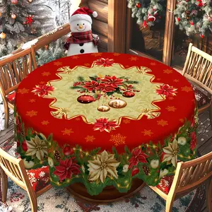 BLIOWL 4 Pieces Of Red Gorgeous Style Christmas Tablecloths, Designed With Patterns Such As Poinsettia, Bells, Christmas Trees, Etc., Round&Square Tablecloths, Suitable For Picnic, Dinner, Kitchen And Restaurant Decoration, Indoor And Outdoor Use