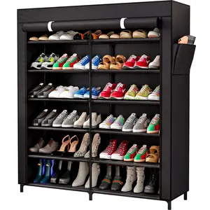 Shoe Rack Organizer Metal 7-Tier Portable Shoe Storage Cabinet,hold up to 42 Pairs with Non-Woven Dustproof Cover for Entryway Closet Garage Black