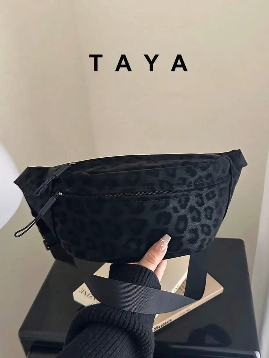 Suede Leopard Print Crossbody Bag, Large Capacity Unisex Waist Bag for Casual Daily Use