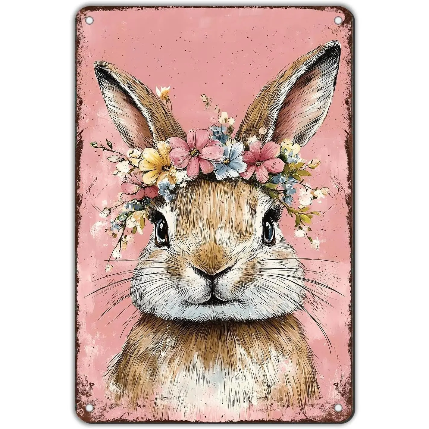 Easter Bunny Tin Sign Happy Easter Metal Vintage Sign Pink Bunny Wreath Sign for Spring Decor Easter Primitive Country Decor Bunny Retro Tin Sign