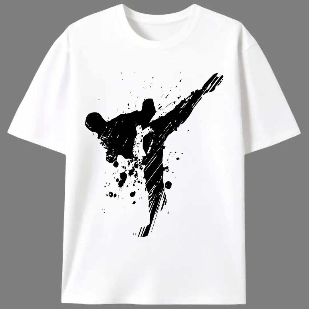 Men's Martial Arts Graphic T-Shirt, Casual 100% Cotton Knit Shortsleeve Top with Heat Printed Karate Kick, Gift for Fighters, Fabric, Chinese New Year, Valentines Day, Split Sleeve, Menswear, Round Neck, Tshirt, All Seasons, Stretch, Fitted Cut, Basic, Ch