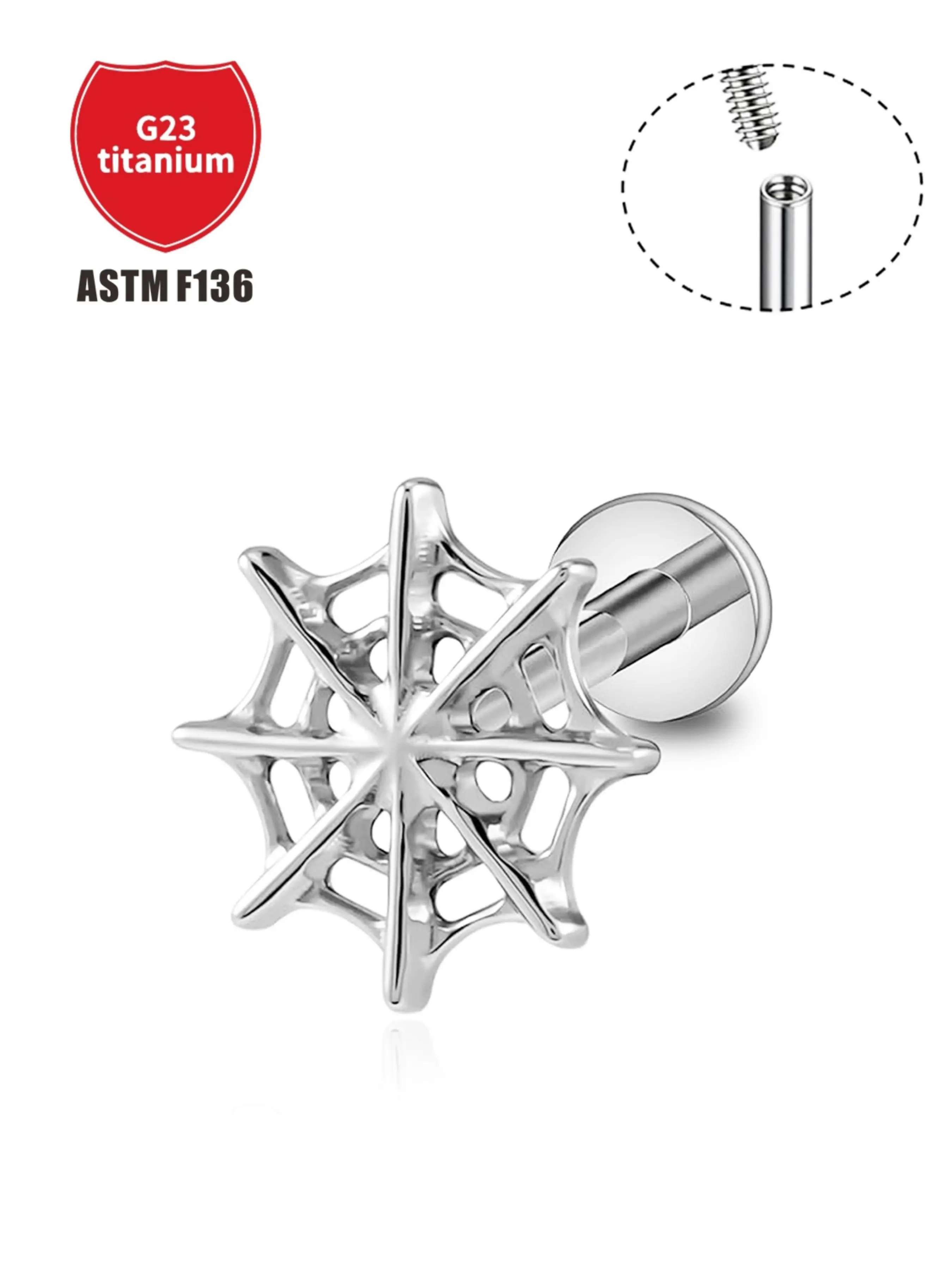 F136 Titanium Spider Web Earrings, 16g Implant Grade Ear Bone Stud, Punk Style Body Piercing Jewelry, Casual All Seasons Accessory