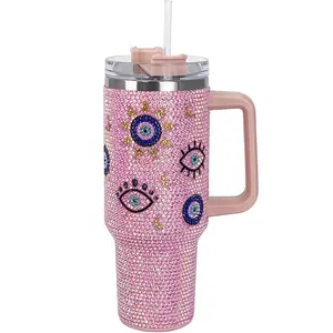 Cupcupmore 40 oz Pink Evil Eye Bling Rhinestone Stainless Steel Sippy Tumbler Glitter Vacuum Insulated Thermal Water Bottle with Straw & Lid &Handle,Sparkle Car Cup Holder,Keeps Cold 12 Hours Drinks,Coffee