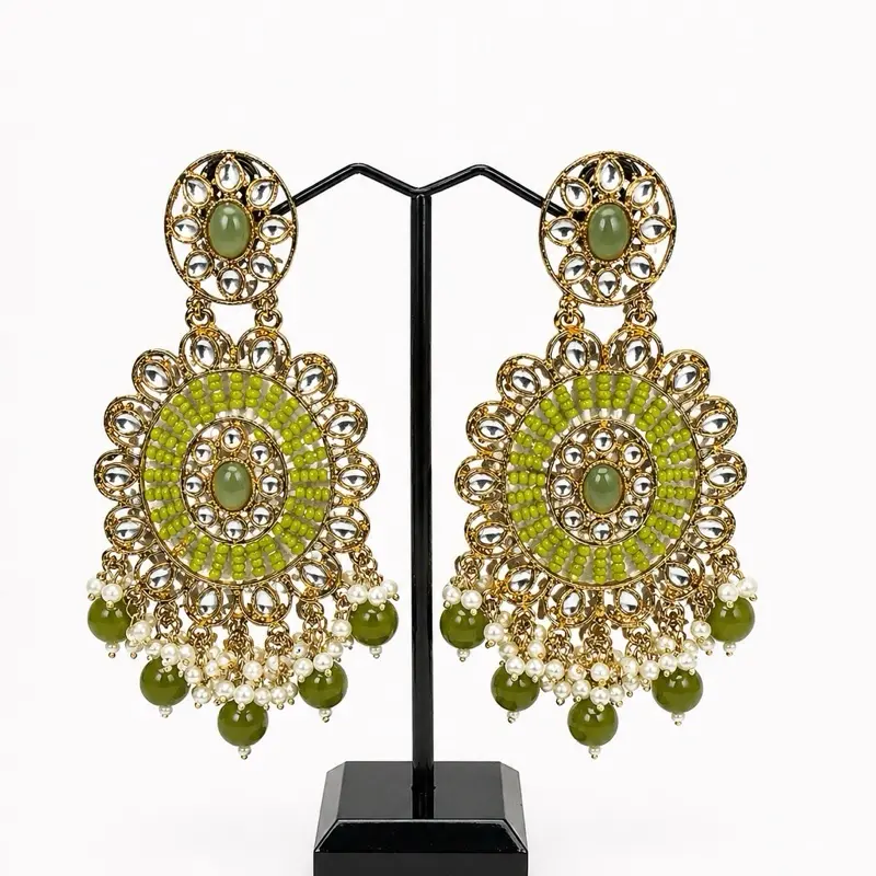 Kundan Chandbali Earrings with Pearl Drops - Green Beads, Gold Tone, and Pearl Drops