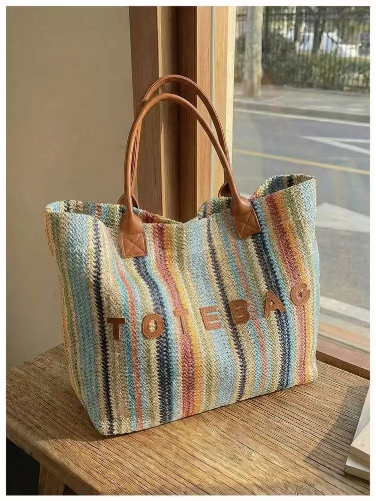 Women's Boho Colorful Rainbow Striped Woven Tote Bag with Letter Print, Leather Handles, Large Capacity Bag for Beach & Shop Travel