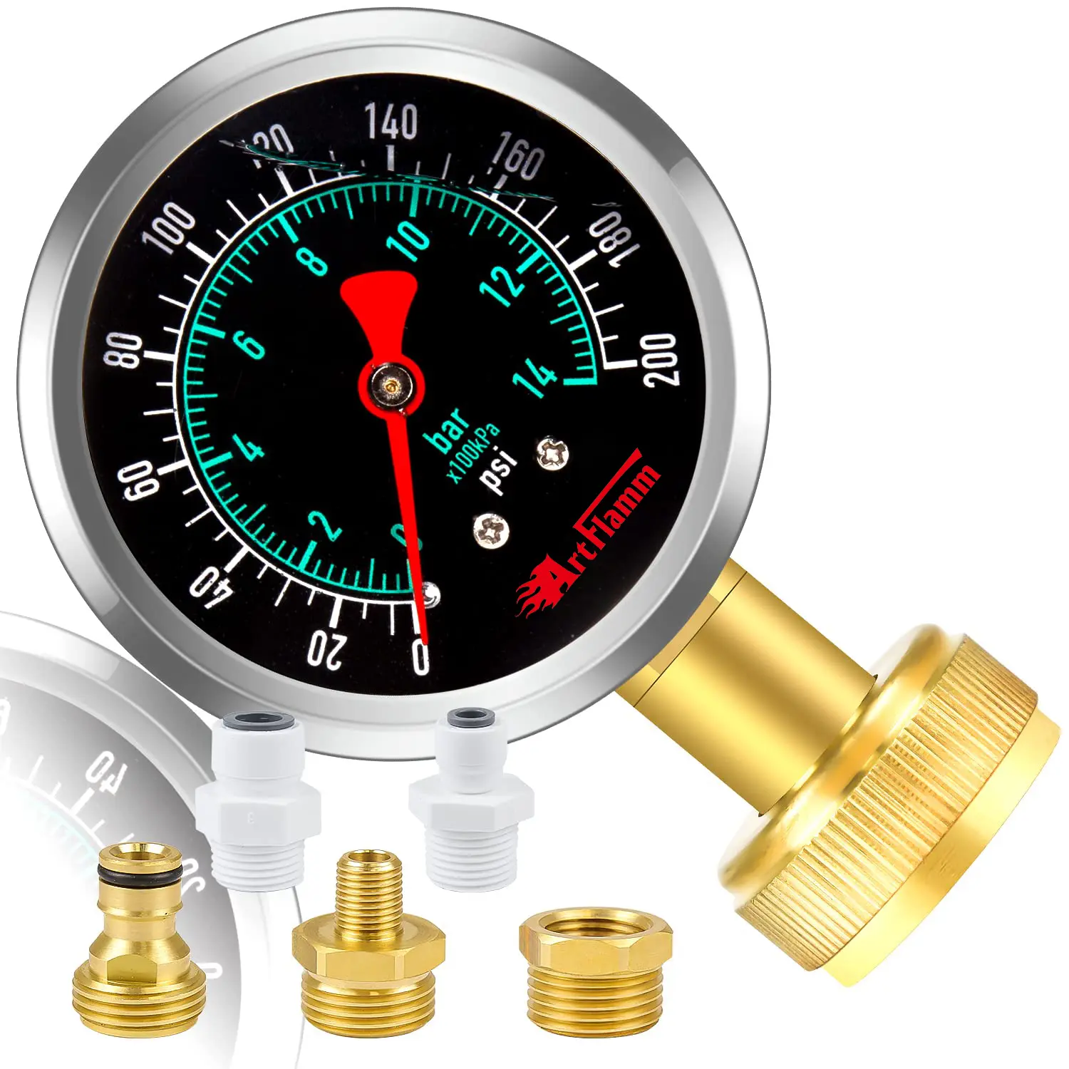 ARTFLAMM Liquid Filled Water Pressure Gauge Kit with 5 Parts, 0-200 Psi, Standard 3/4" Female Garden Hose Thread Water Pessure Gauge for Home