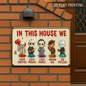 2D Flat - A 2D Flat Wooden Sign Measuring 8.0 inch X 6.0 inch with The Phrase 'In This House, We Party, Love Family, Dream Big, Do Puzzles' - Perfect for Rustic Wall Art, Suitable for Home, Outdoor, Patio, And Porch Decoration