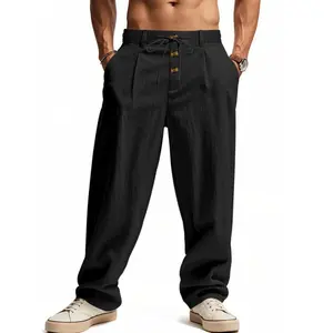 Men’s plain linen loose-fit straight pants with a trendy drawstring button design—stylish casual trousers for daily wear and beach vacations