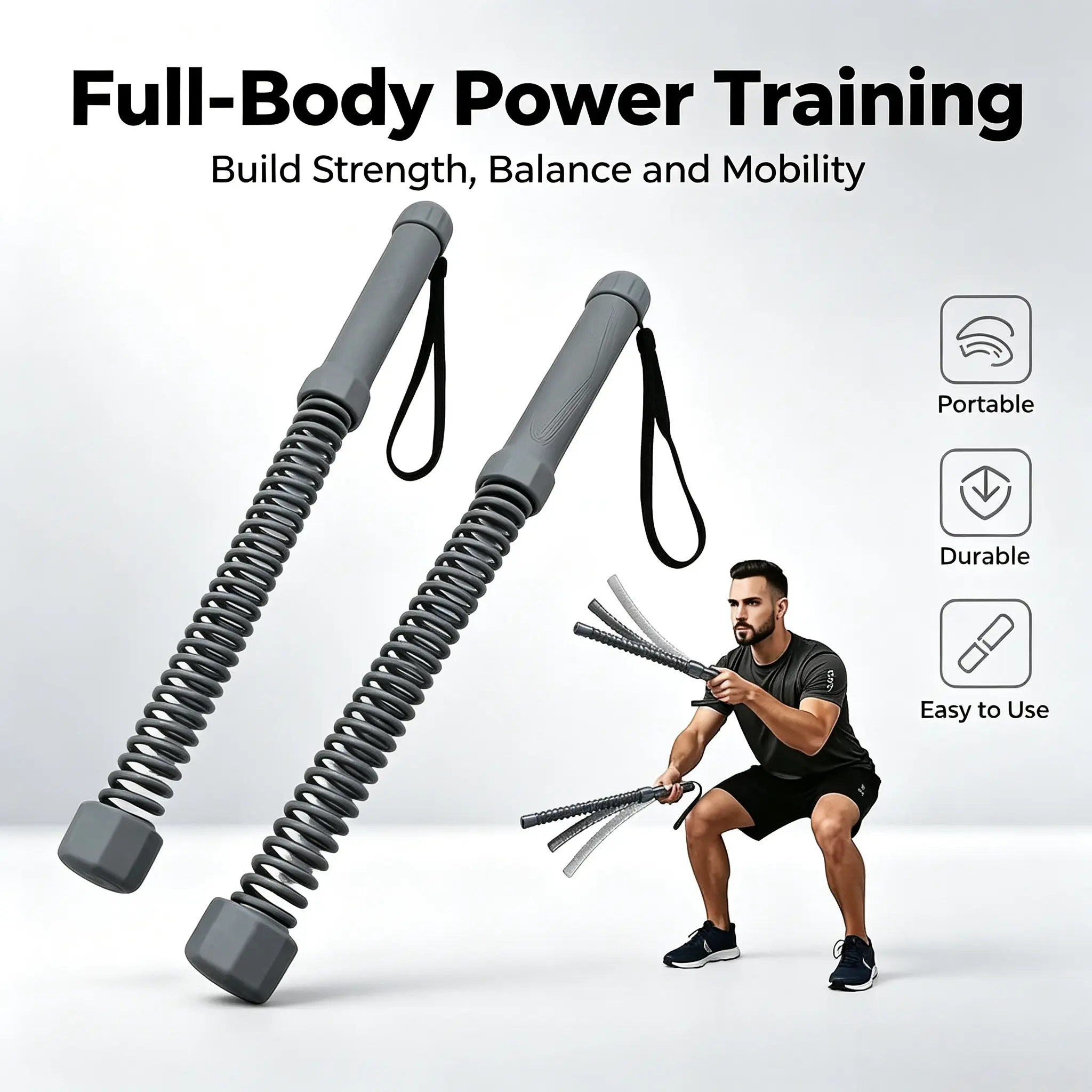 Power Twister Spring Bar, Resistance Exercise Training Bar, Portable Fitness Equipment for Arms, Chest, Back & Upper Body Home Gym Workout
