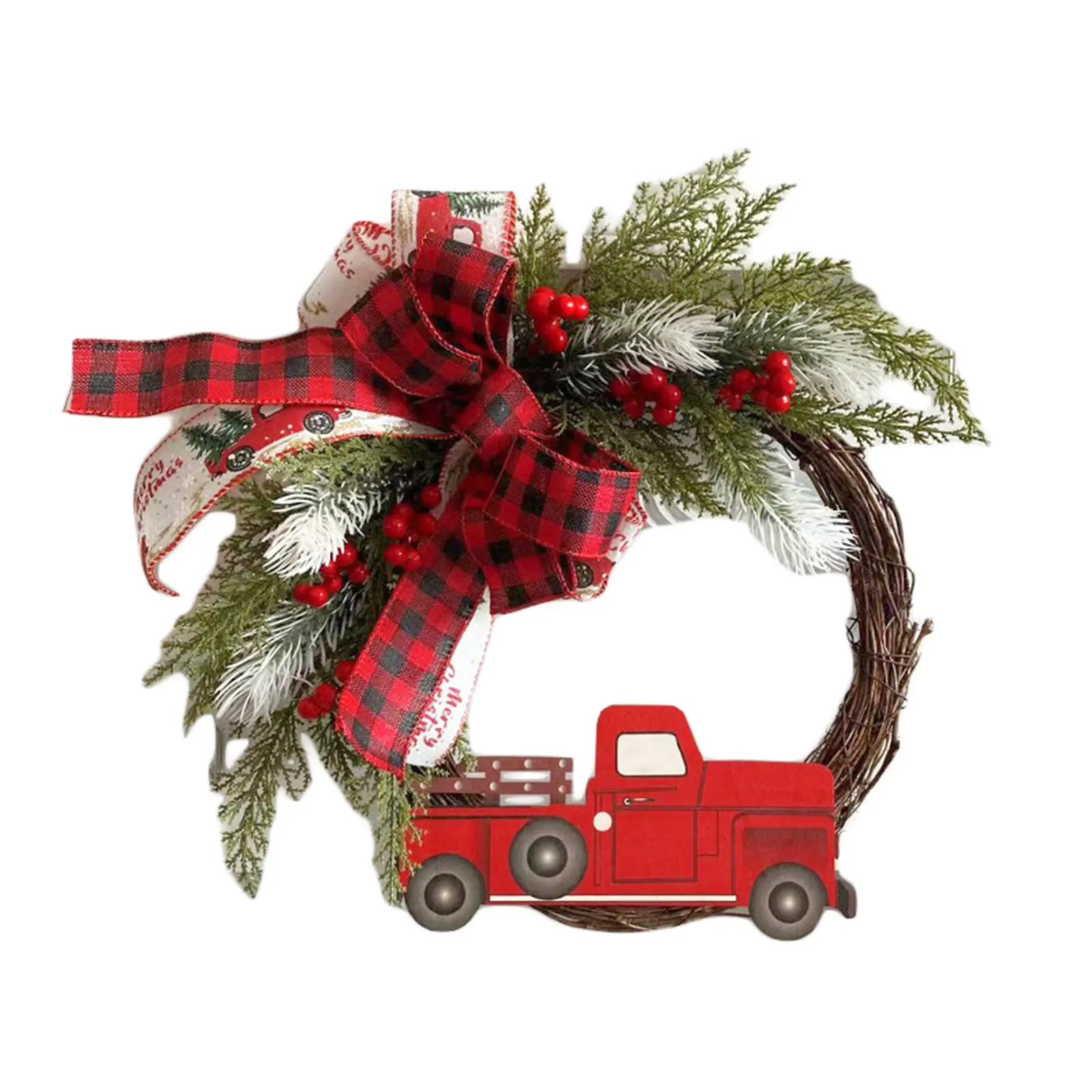 Rustic Wood Christmas Wreath - Artificial Red Truck Design with Red Berries, Bowknot for Front Door, Home Decor, Outdoor Use, Outdoors