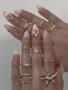 Beach Pearls Sea Shell Some 3D Yellow Flower Press on Nails, Fake False Nails