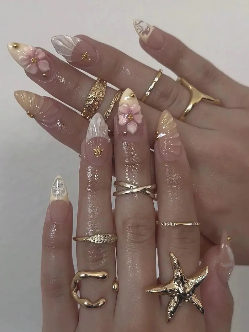 Beach Pearls Sea Shell Some 3D Yellow Flower Press on Nails, Fake False Nails