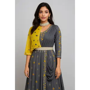 Beautifully Handcrafted and Hand Embroidered Designer Gown with One Side Shrug