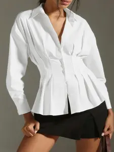 Women's Slim-Fit Wrinkle Waist Long Sleeve Woven Shirt Blouse, Stylish Chic Casual Comfortable Wear, Fashionable Design, Perfect Fit, Ideal for Daily Wear