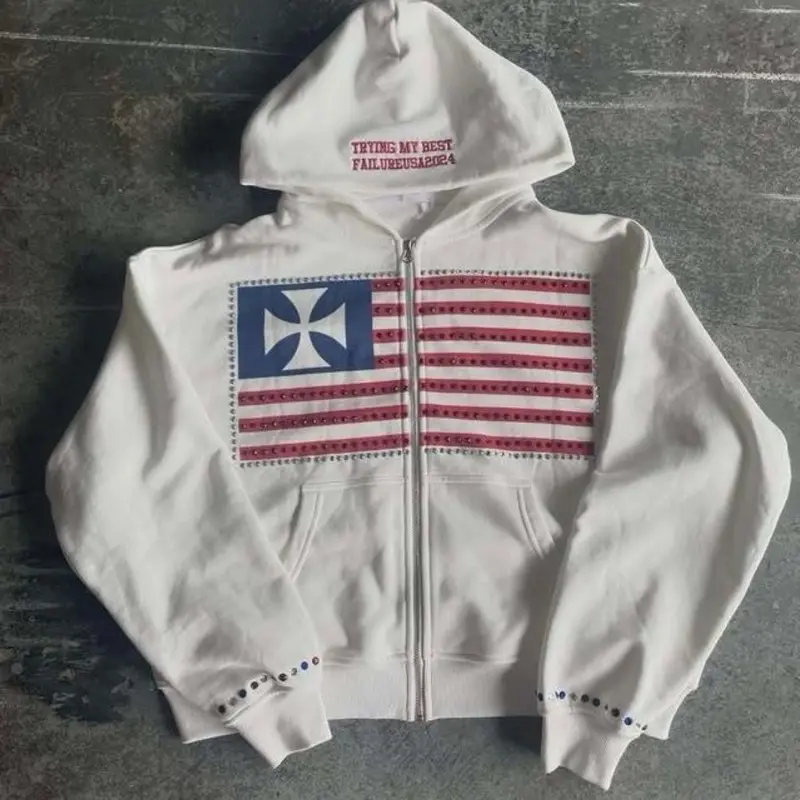 Vintage Gothic Streetwear Zip Hoodie Jacket – American Flag Cross Design