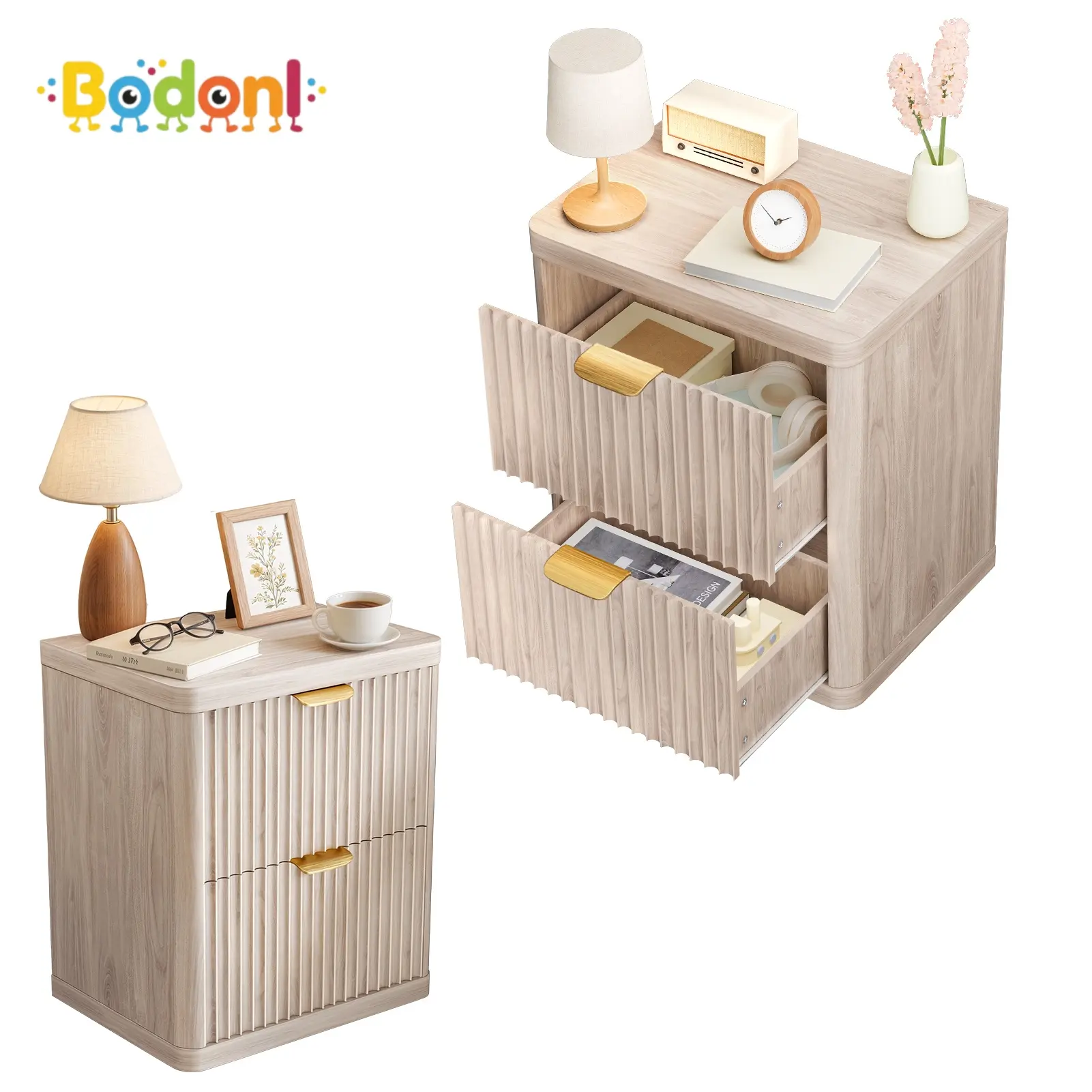 Bodonl Fluted 2-Drawer Bedside Table - Large Modern Wood Nightstand with Curved Corners, Metal Handles for Bedroom Small Spaces