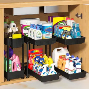 3 Pack 2 Tier Slide Out Under Sink Organizer, Multi-Purpose Storage Shelf for Kitchen Bathroom Cabinet, Black 12.8 Inch