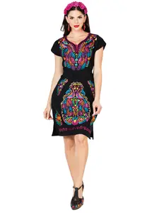 Artisanal Embroidered Dress 100% Cotton Black 603093