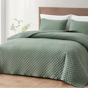 Chezmoi Collection Teo 3-Piece Sage Queen Size Quilt Set - Diamond Stitch Stone-Washed Super Soft Lightweight Microfiber Quilted Bedspread Set for All Seasons