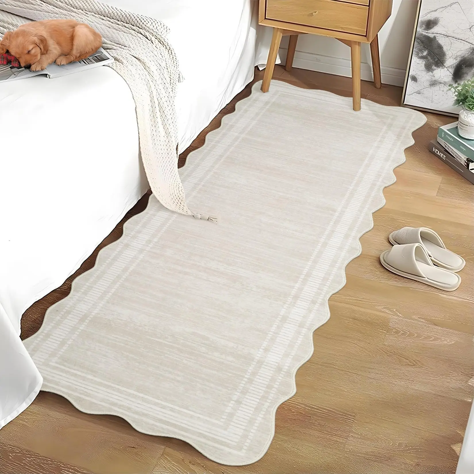 Washable Scalloped Runner Rug 2x6 Indoor Rugs for Entryway Kitchen Stain Resistant Bathroom Rugs Solid Bordered Area Rug for Front Door Non Slip Hallway Area Rug Beige Rug