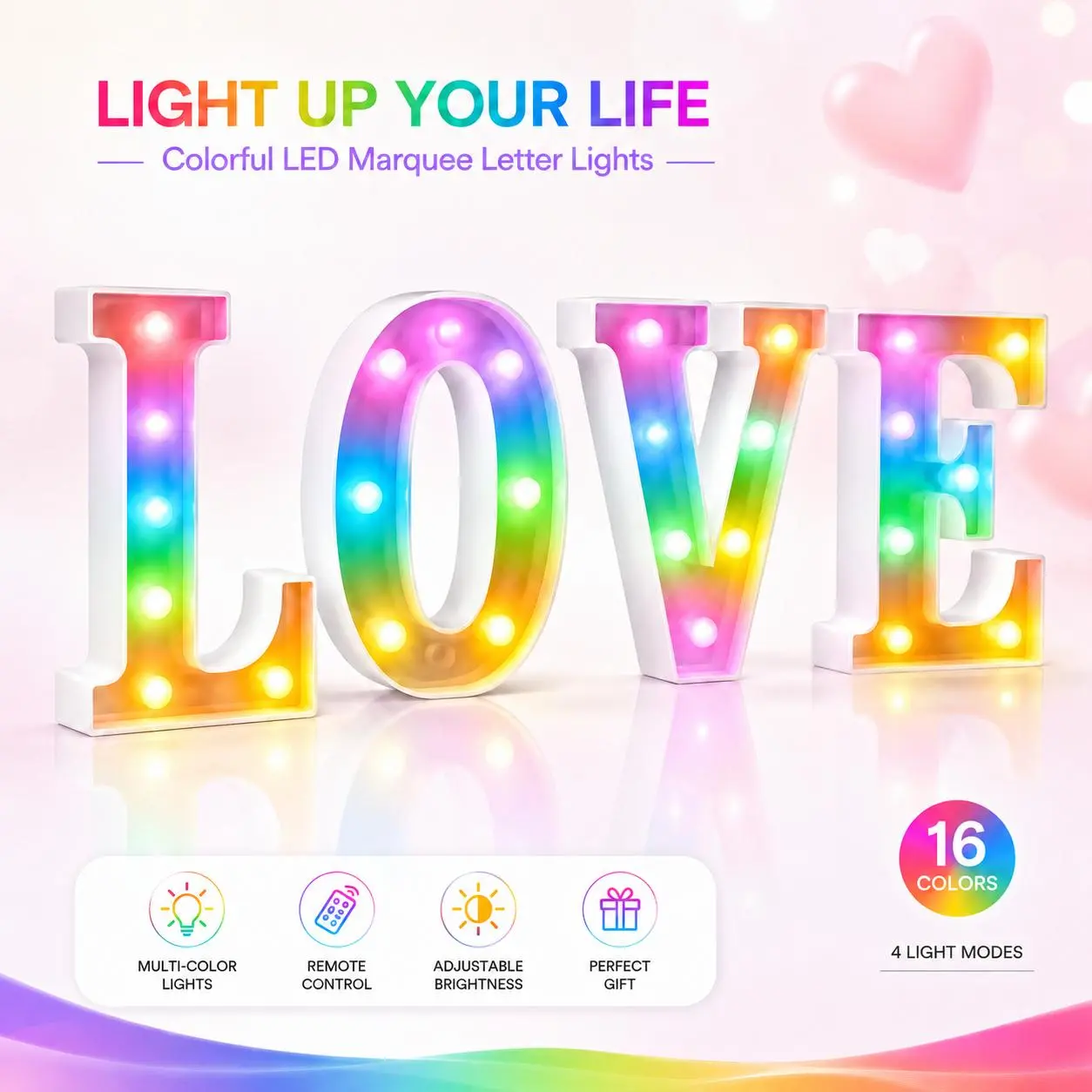 LED Marquee Letter Lights, Remote Control, 16 Colors, 4 Modes, Adjustable Brightness, DIY Light Up Alphabet Decor for Wedding, Birthday, Home, Kids, Couples and Gifts