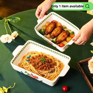 Polish Ceramic Baking Tray, Dual Handle Hand-Painted Floral Design, Durable Rectangular Bake Dish for Cornmeal, Meat, Salad, Home Use