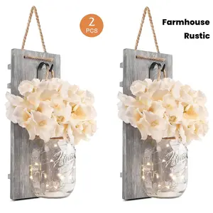 Decorative Mason Jar Wall Decor - Rustic Wall Sconces with Flowers - Farmhouse Home Decor (Set Of 2)
