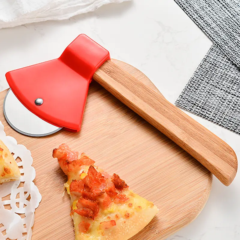 Round Axe Pizza Cutter Wheel, Stainless Steel Blade with Ergonomic Wooden Handle, Pizza Slicer Rolling Cutter for Home & Restaurant Use, Red