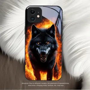 Wildfire Wolf Pattern White Light Glass Phone Case, Luxurious and Elegant Design - Compatible with iPhone 17 16 15 14 13 12 11 PRO MAX PLUS,AIR,Stylish and unique patterned phone cases, perfect holiday gifts for friends and family.