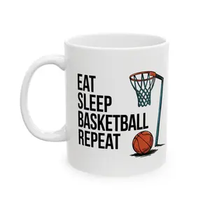 Basketball Mug, Ceramic Eat Sleep Basketball Repeat Coffee Cup 11oz, Funny Gift for Basketball Lovers, Basketball Player Gift, Sports Mug